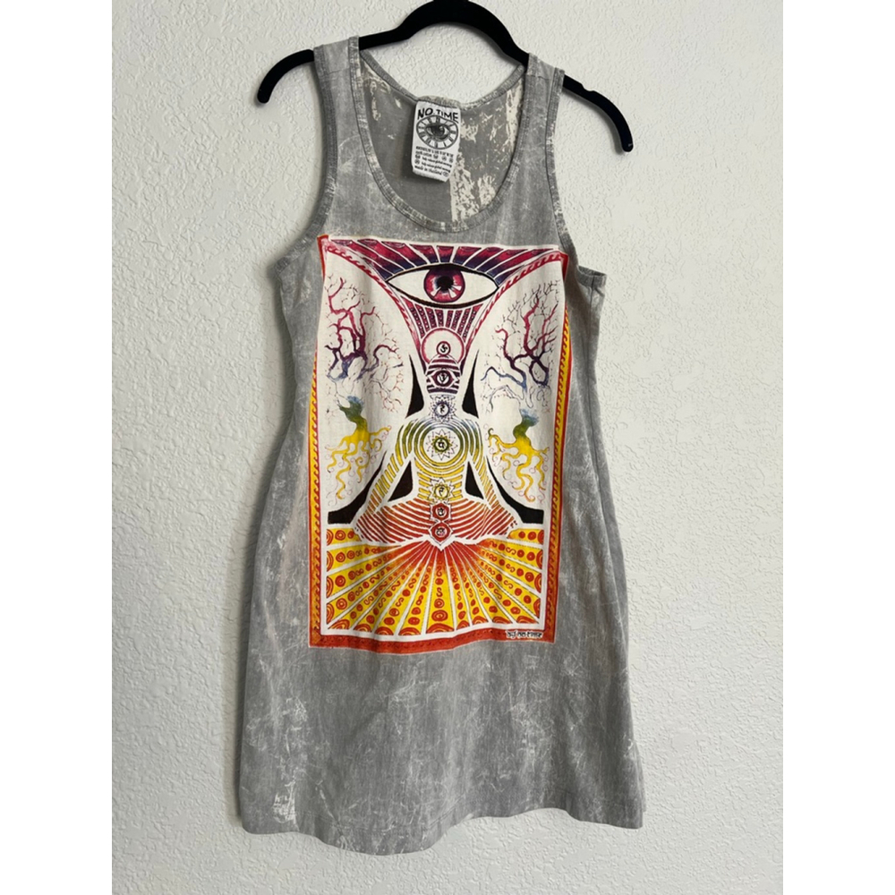 Women's NO TIME Gray White Tie Dye Graphic Tank Top tunic M Chakra Yoga
